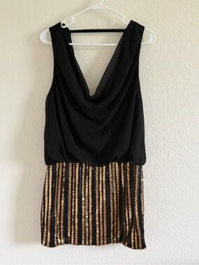 Black and Gold Sequin Cowl Neck Dress